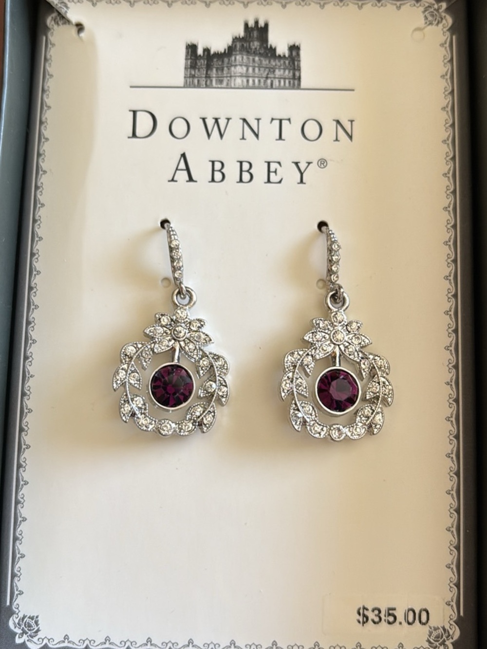NIB- Silver-Tone Purple Crystal Drop Earrings